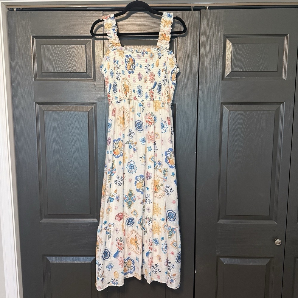 Womens Cottagecore‎ Smocked Bodice Midi Dress L Tiered Festival Summer Vacation